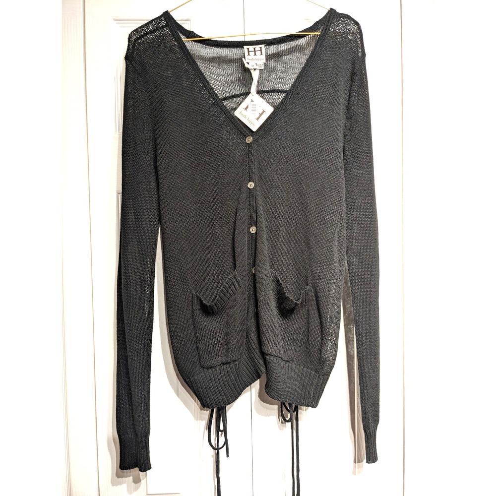 Haute Hippie Sweater Womens M Black Linen Blend Open Cardigan Lace Up Back NWT